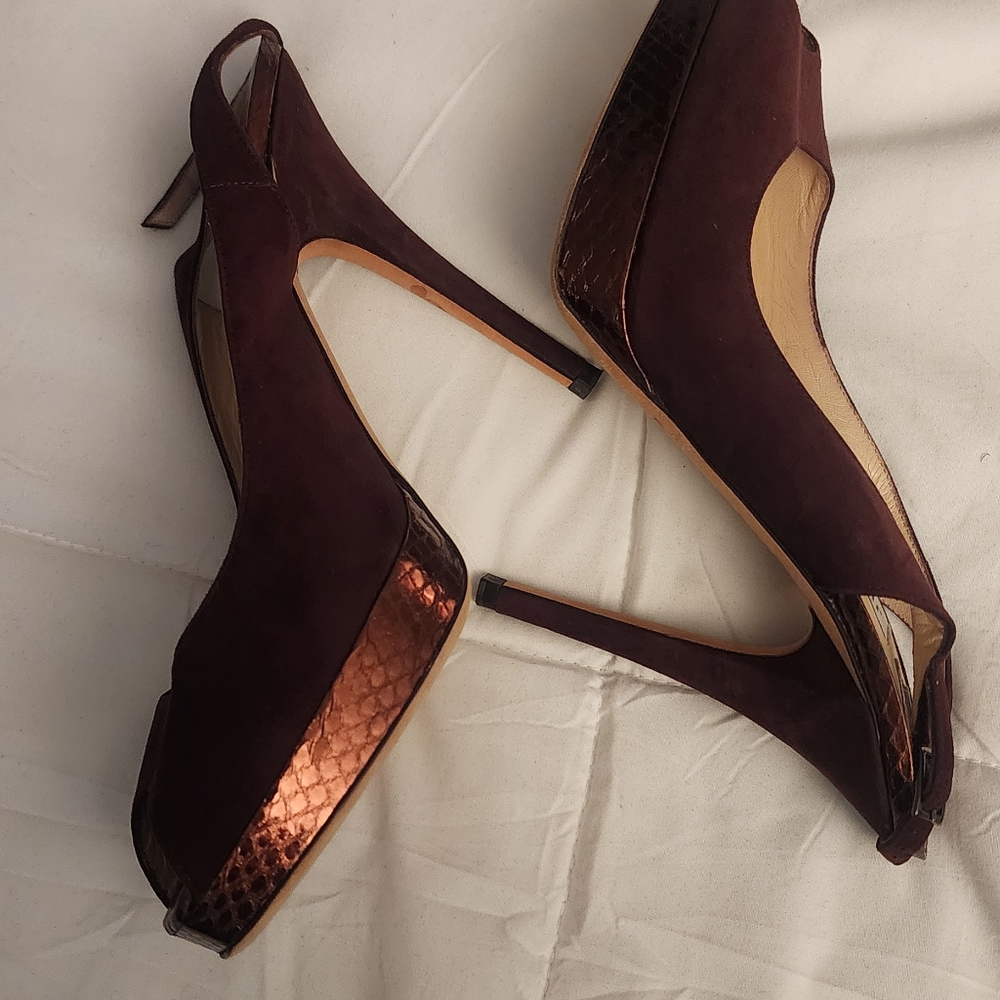 Jimmy Choo 7.5 Stiletto Open Toe Platform Shoes Brown Suede - Picture 1 of 6